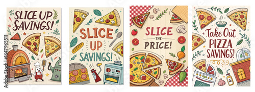 Colorful and playful pizza-themed illustrations promoting savings on pizza.