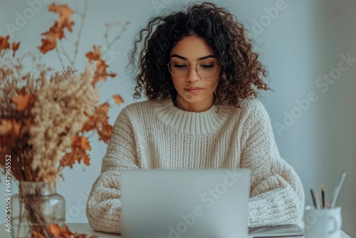 Young Woman Working on Laptop in Cozy Autumn Setting With Plant Decor and War...