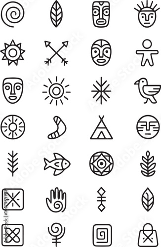 Collection of ancient tribal symbols and glyphs representing nature people and spiritual concepts in a rustic hand drawn style