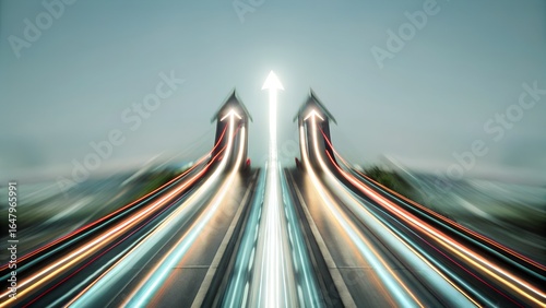 An upward arrow symbolizing growth and progress on a blurred background
