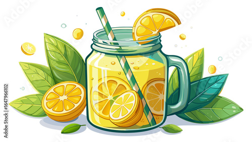 Chilled lemonade in a glass mason jar sparkles with ice cubes, fresh lemon slices resting beside, radiating a refreshing summery charm against a clean white background in semi-realistic vector style.