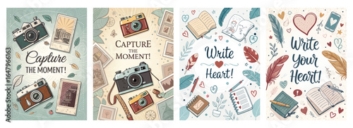 Creative illustrations featuring cameras, notebooks, and hearts promoting photography and writing.