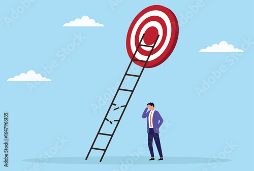 Vector illustration of an upset businessman standing next to a broken ladder that cannot reach a target, symbolizing obstacles, failures, and unachieved goals
