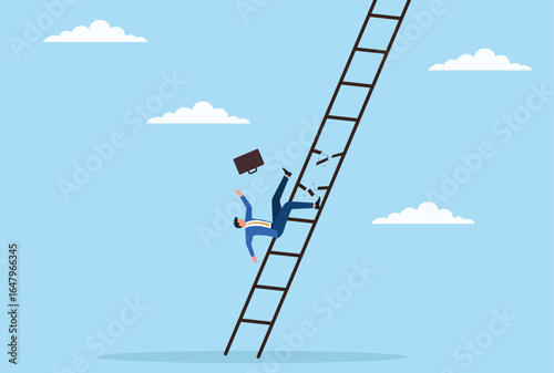 Vector illustration of a businessman falling down a broken ladder, symbolizing career setbacks, obstacles, and challenges in reaching professional goals
