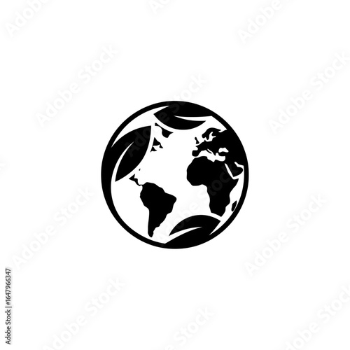 Black and white earth globe encircled by leaves in a minimalist design logo