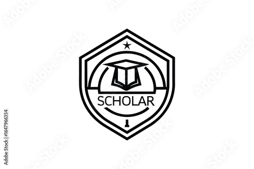 A black and white logo of a scholar with a graduation cap and badge silhouette