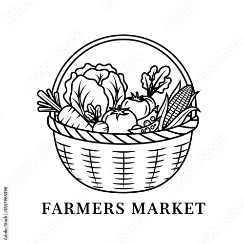 A basket filled with fresh vegetables in black and white line drawing style