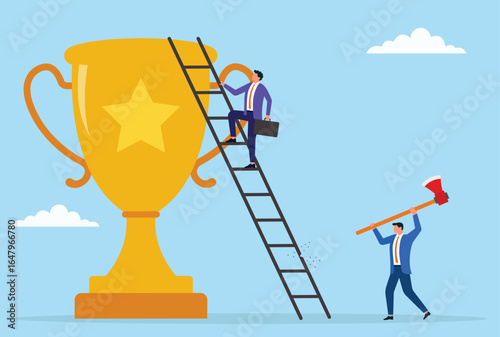 Vector illustration of a businessman climbing a ladder while another cuts it from below with an axe, symbolizing betrayal, sabotage, and unexpected obstacles to reaching success
