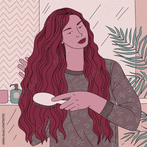 Young woman combs her long hair with a hairbrush near a mirror and a houseplant. Beautiful girl in the bathroom preens. Vector flat illustration of hair care. Pastel colors.