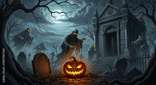 Spooky halloween scene with ghosts, pumpkin, and graveyard