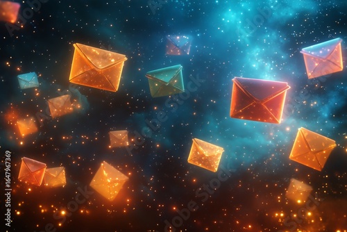 Colorful Envelopes Floating in a Cosmic Background With Sparkling Stars in Space