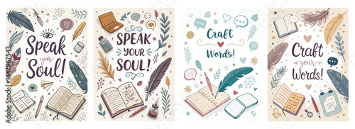 Artistic illustrations promoting creativity and self-expression with vibrant colors and whimsical designs.