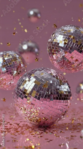 Colorful Disco Balls Reflect Light With Golden Stars on a Vibrant Pink Backgr...