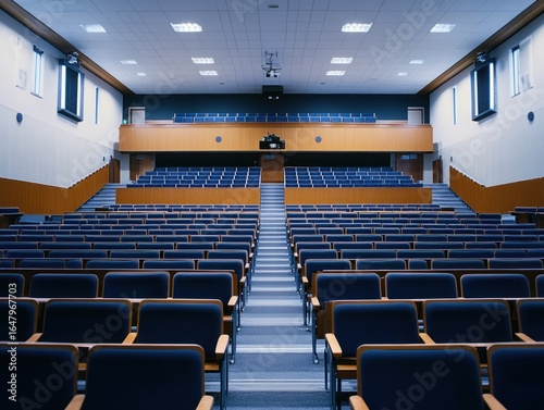 Empty auditorium with rows of blue chairs