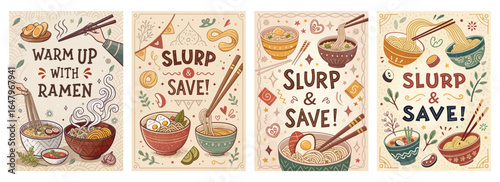 Colorful illustrated designs featuring ramen bowls, chopsticks, and the phrase 'Slurp & Save!' in a playful style.