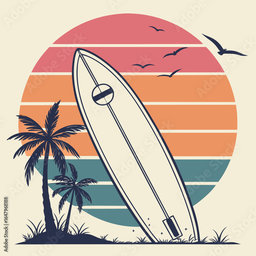 Retro vintage surfboard illustration with beach elements