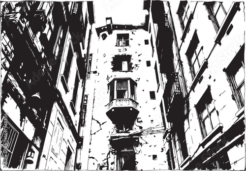 Gloomy urban alleyway, back streets. Hand drawn vector illustration