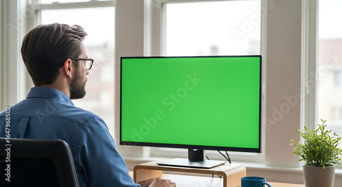 man working on computer with green screen in bright office setting at home