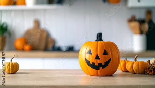 Halloween Festive Arrangement of Pumpkins on a Wooden Kitchen Countertop
