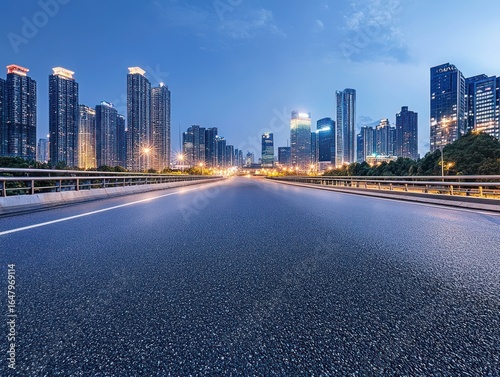 Empty city road at twilight. Modern skyscrapers line the horizon