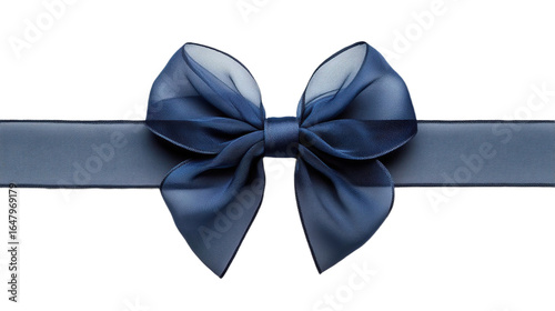 Front view of a navy blue chiffon ribbon and bow isolated on a white transparent background