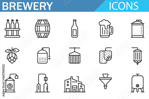 Brewing industry icons for beer manufacturing, fermentation, and kegs