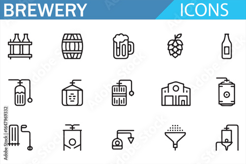 Brewery equipment and beer production icons for craft beer enthusiasts