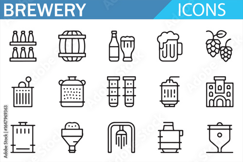 Brewery icons for beer production, fermentation, and brewing