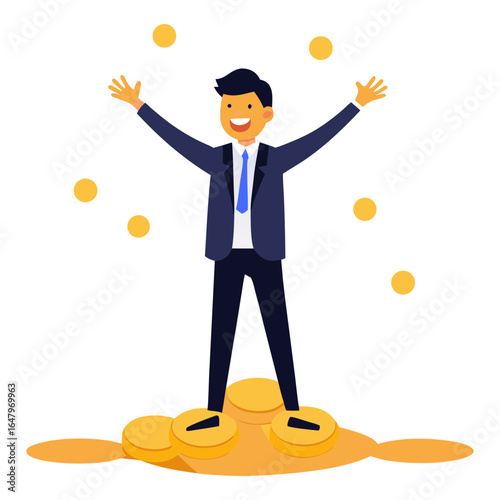 Vector art illustration of a successful digital businessman with gold coins