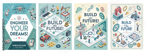 Engaging illustrations promoting a robotics club aimed at inspiring young inventors and engineers.