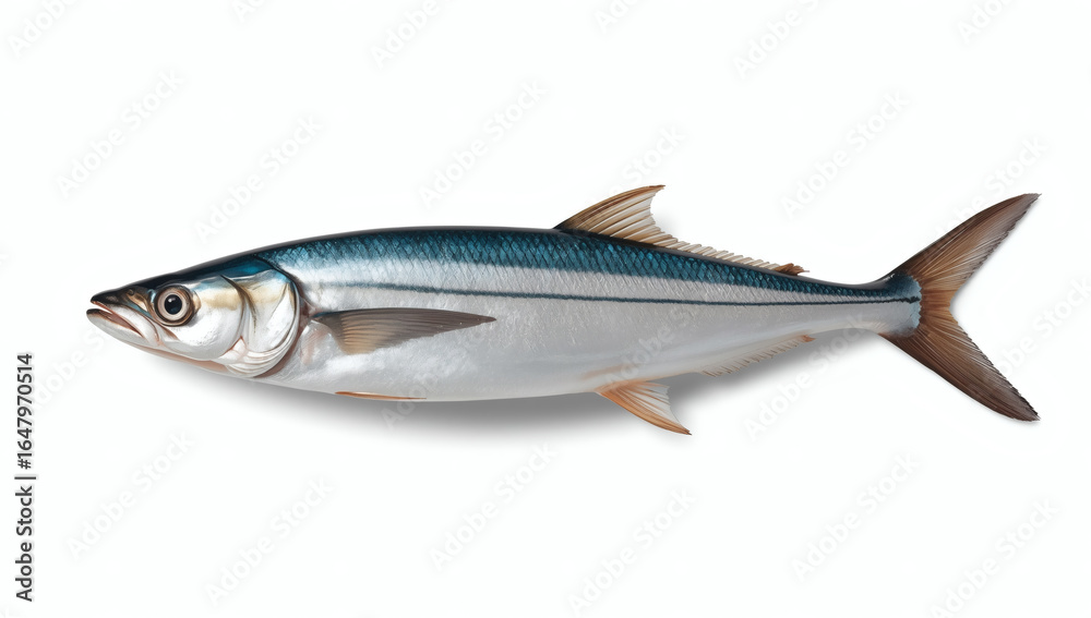 Fototapeta premium Realistic mackerel fish in side profile with shimmering silver blue scales and fine details.