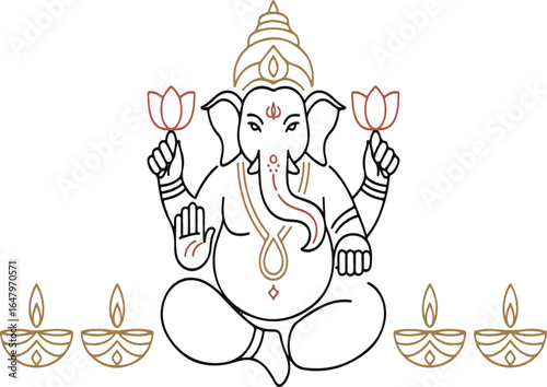 Lord Ganesha Sitting Pose with Lotus Flowers and Diyas Line Art Hindu god elephant god