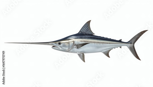 Sleek swordfish with a long pointed bill and shimmering silver scales, side profile in a realistic ocean scene.
