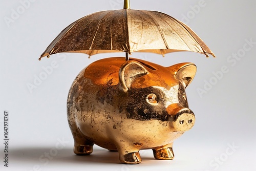 A cute golden piggy bank with an umbrella is an photo of a financial concept for saving money