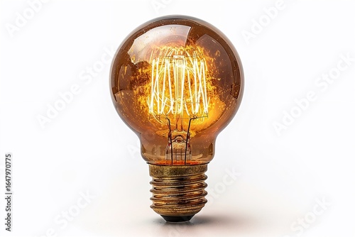 A glowing yellow light bulb isolated on  a white background represents a bright idea