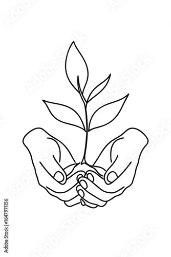 Minimalist single line drawing hands holding a sprouting plant growth seedling