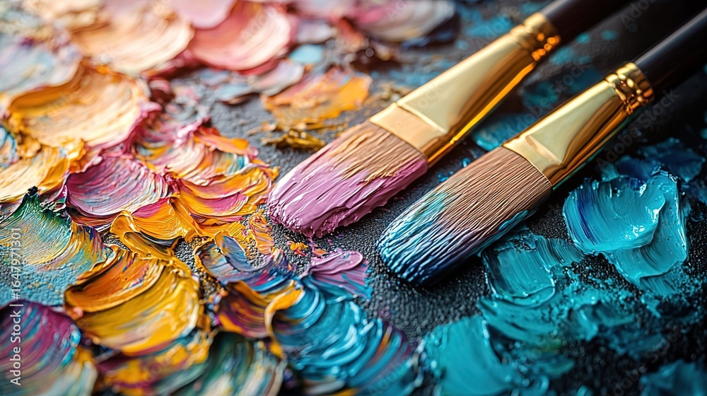 Obraz premium Close - up of Paintbrushes with Colorful Oil Paint Strokes on Palette 