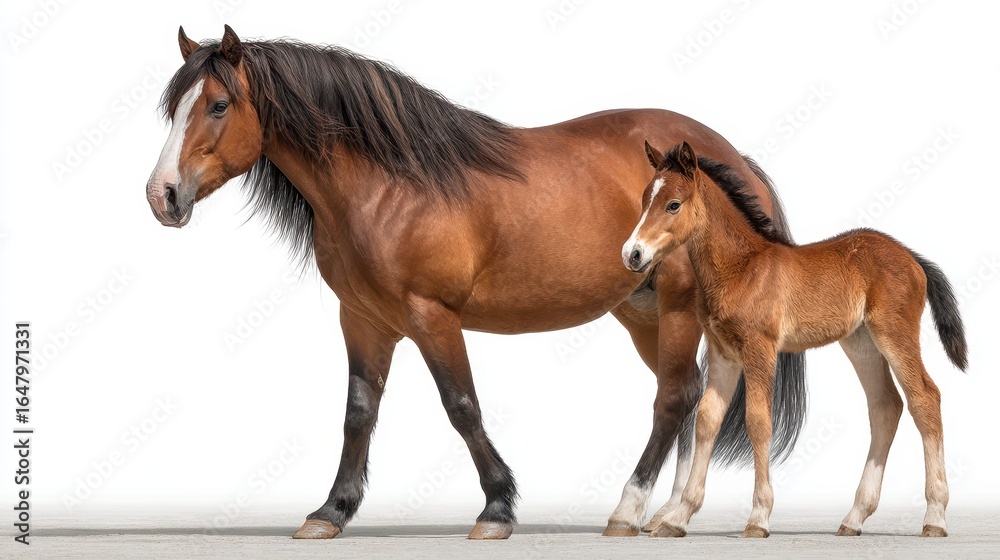Naklejka premium Majestic brown mare walks alongside her playful foal in a studio setting showcasing their bond and grace