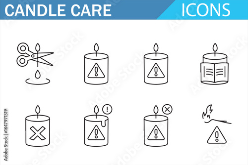 Candle maintenance icons with instructions for safe use and care