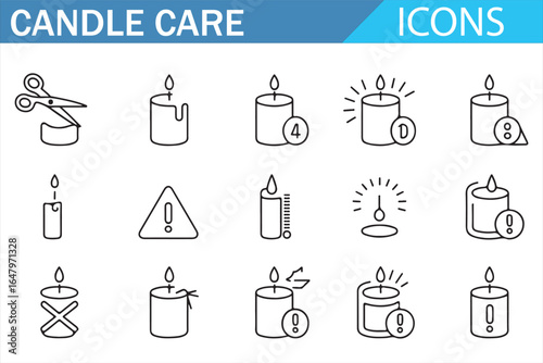Candle care and precaution icons showing safety and extinguishing tips