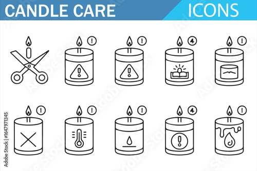 Candle safety icons for maintaining candles and preventing fire hazards
