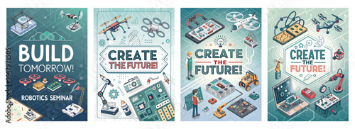 Illustration of a robotics seminar, showcasing innovative gadgets and technology concepts for future development.