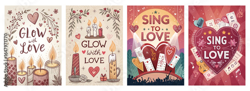 Charming illustration set featuring romantic themes and heartwarming quotes.