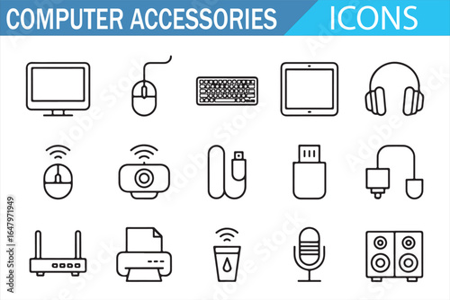 Icons of computer accessories including keyboard, mouse, and headphones