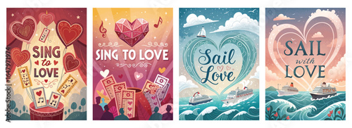 Colorful love-themed posters featuring musical notes, hearts, and ships against vibrant backgrounds.