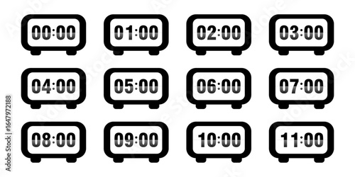 Set of digital watches with bold numbers. Alarm icon on a white background. A series of watches with hourly display of icon time. EPS10 vector illustration