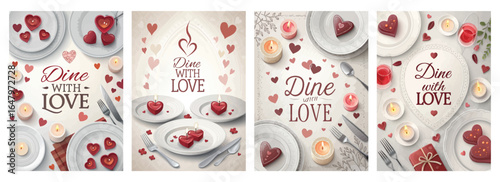 Elegant table settings adorned with heart-themed decorations for a romantic dining experience.