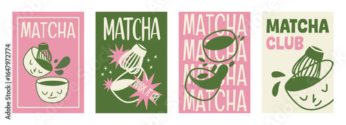 Matcha tea poster set with illustrated cups showing faces, a whisk in motion, and splashing green tea.