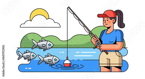 Young woman angling with a fishing pole, enjoying the outdoors on a sunny day