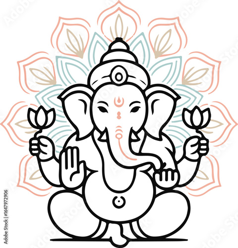 Minimalist Ganesha Outline With Soft Colored Mandala On White Hindu god elephant god